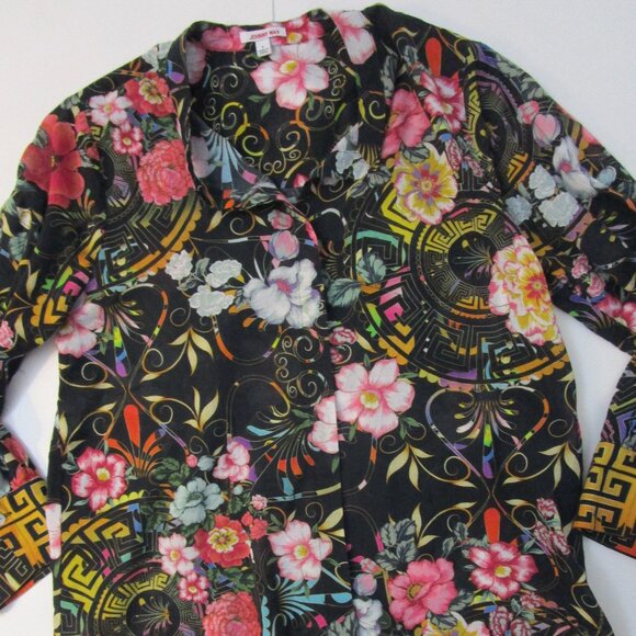 Vivid Floral Black Top Blouse Poly Keystone Bohemian - Picture 5 of 11